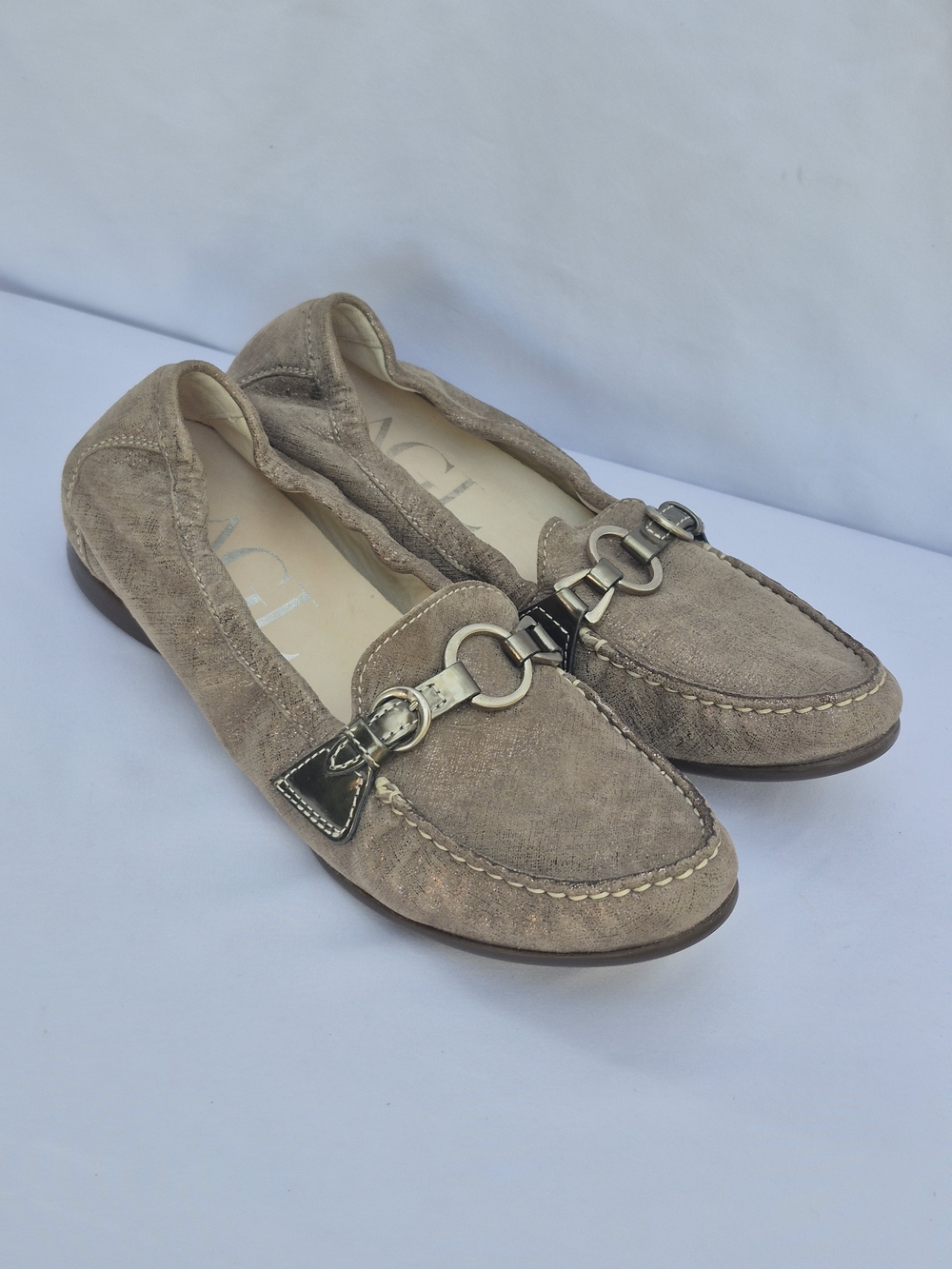 AGL Ballet Flats Metallic Suede Buckle Horse Women Loafers Size 38 MADE IN ITALY